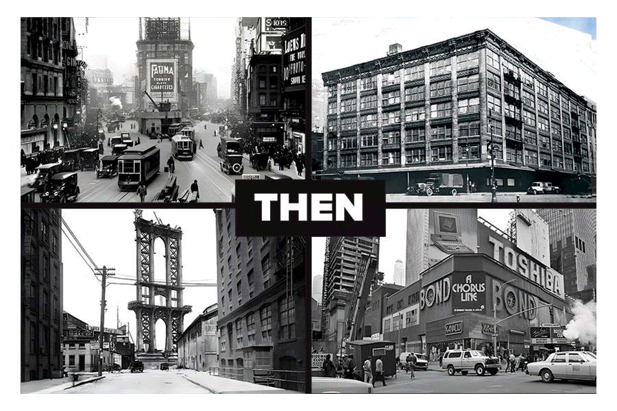 A black and white collage with historical images of New York City, including streetcars and vintage buildings, with the word "THEN" in the center.