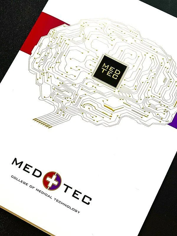 Brochure cover for MED TEC College of Medical Technology with a circuit design.