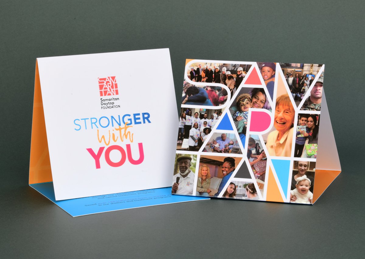 A greeting card with "Stronger with You" text and Samaritan Daytop Foundation logo on the front. The inside features a collage of diverse people and activities.