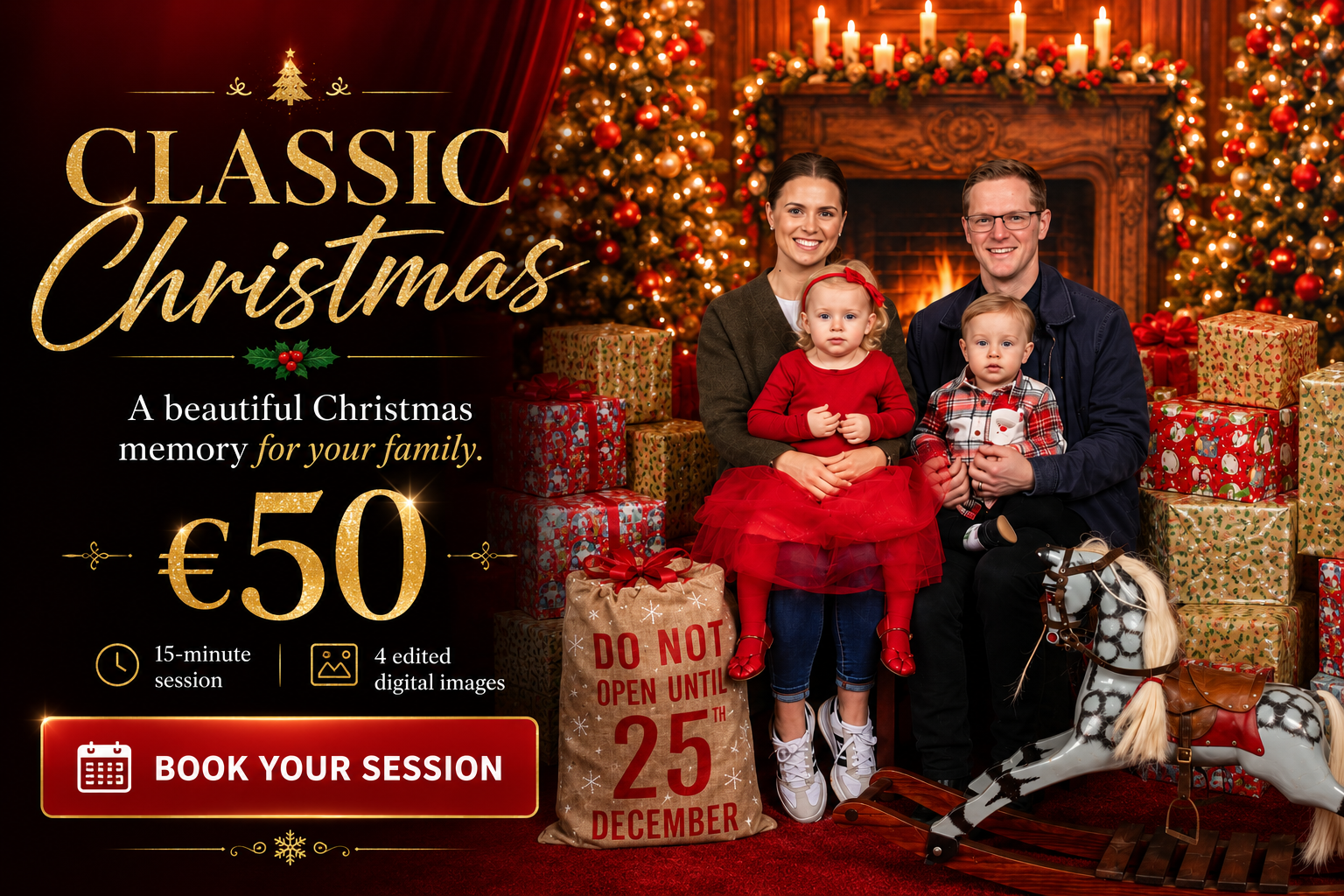 A family of four sitting in a Christmas decorated room with multiple wrapped presents around them. The room features a decorated Christmas tree, lit candles on a fireplace mantel, and holiday decorations. The family includes a woman and a man with two young children, one girl and one boy, all dressed in festive attire.