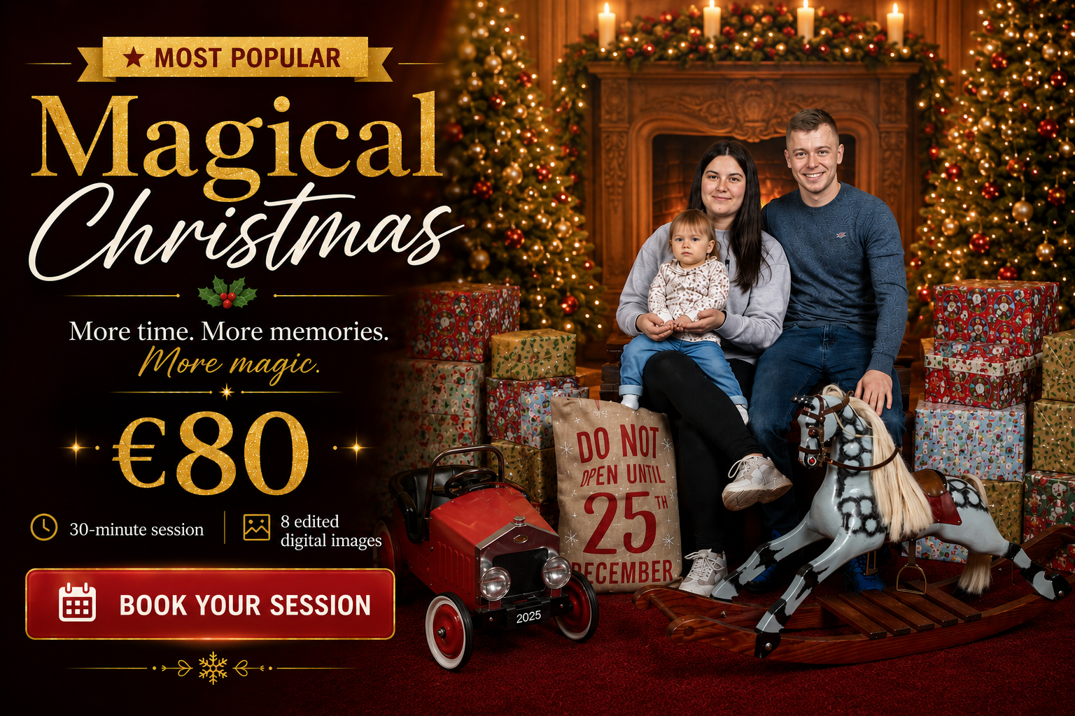 A Christmas scene in a decorated room with a family of three, Christmas trees, presents, a rocking horse, and a fireplace. Promotional overlay advertising a Christmas photo session for €80.