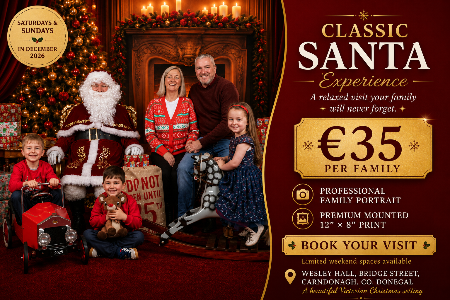 A family photo with Santa Claus in a Christmas setting. Santa is seated, surrounded by Christmas trees, presents, candles, and holiday decorations. The family includes two children, a woman, and a man, all smiling. The children are sitting on toys, one on a toy car and the other on a rocking horse.