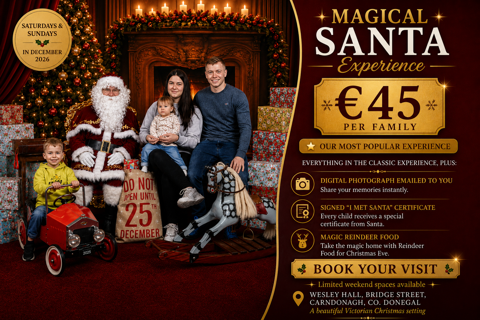 A family sitting with Santa Claus in a Christmas setting with decorated tree and presents. The right side features details about a magical Santa experience, including price, features, and booking information.