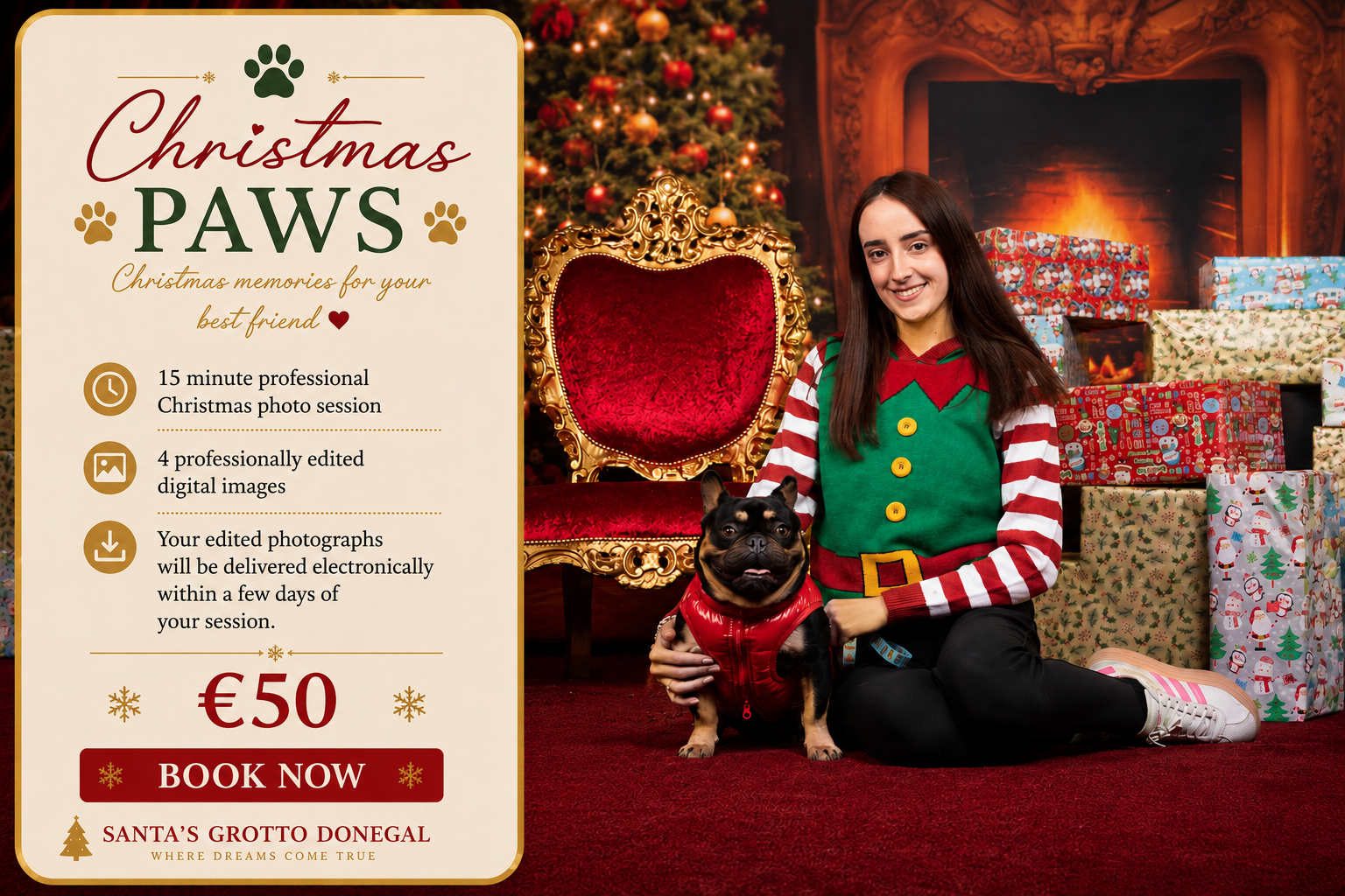 A promotional flyer for Christmas pet photography sessions featuring a woman in a holiday outfit and a dog, with Christmas tree and wrapped presents in the background.