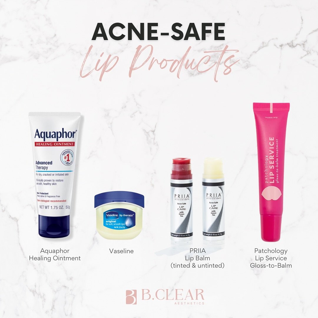 Our custom list of Acne-Safe Lip products! 👄 

As a reminder, brands may change their formulations to add pore clogging ingredients at any moment. These are safe as of right now. We recommend to always check the ingredients list on the physical prod