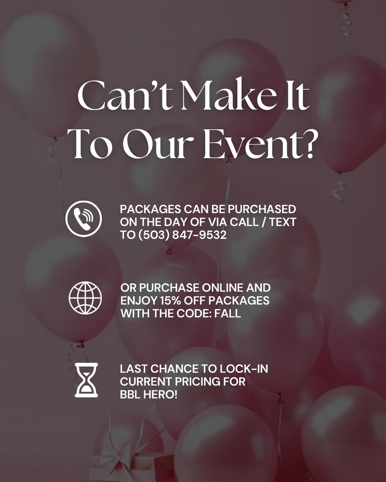 Can&rsquo;t make it to our Fall Into Radiance Event tomorrow? 
You can still join in from wherever you are! ✨ 

We&rsquo;re offering 15% OFF BBL HERO, MOXI, and Microneedling packages for one day only on 10/30!

How to claim your savings:
📞 Call or 