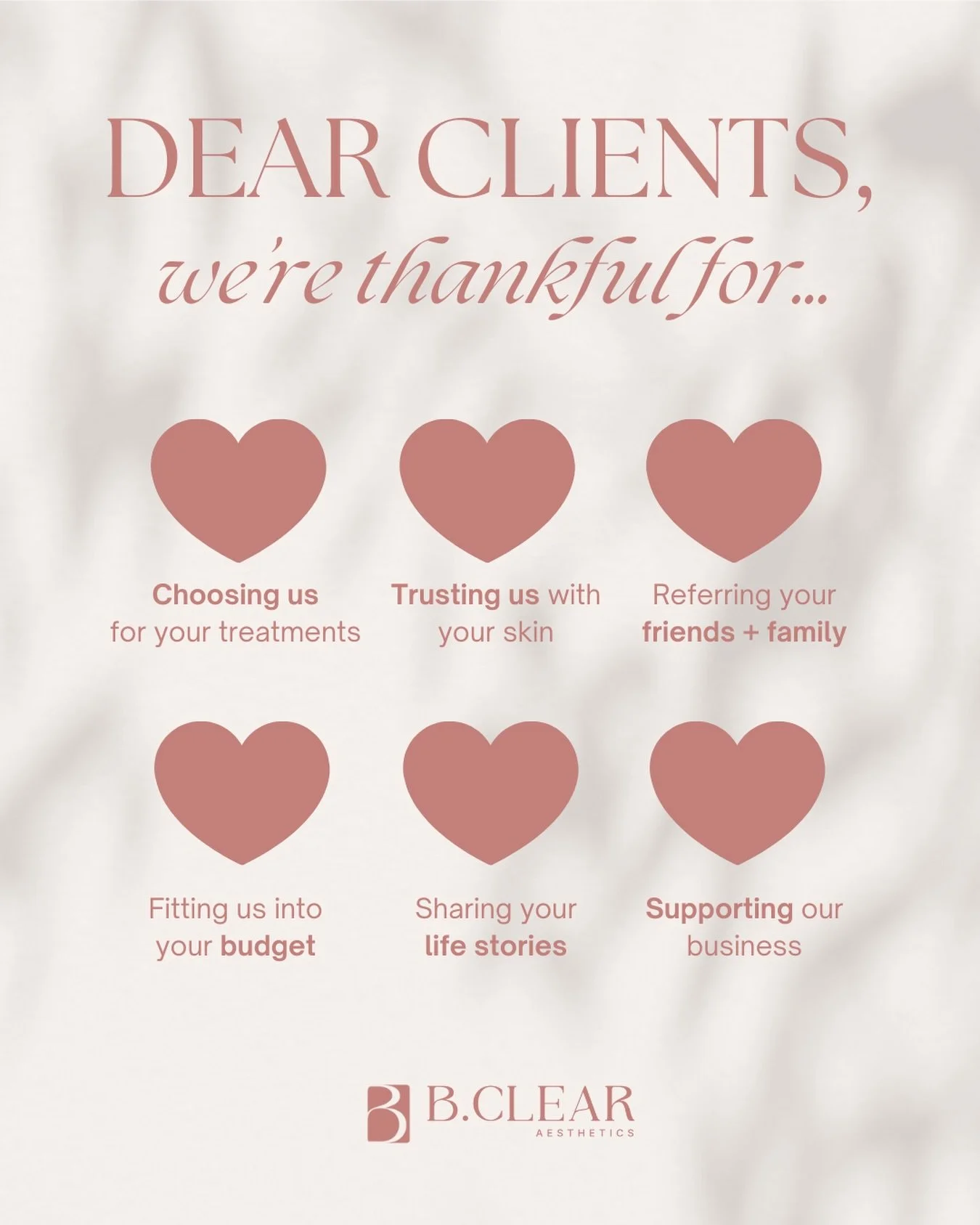A thank you note to our clients 

Those that have been with us from the start, stood by us through our growth, transitions, and relocations. Your unwavering support is what has helped us succeed. 

We&rsquo;re grateful for every word of mouth referra