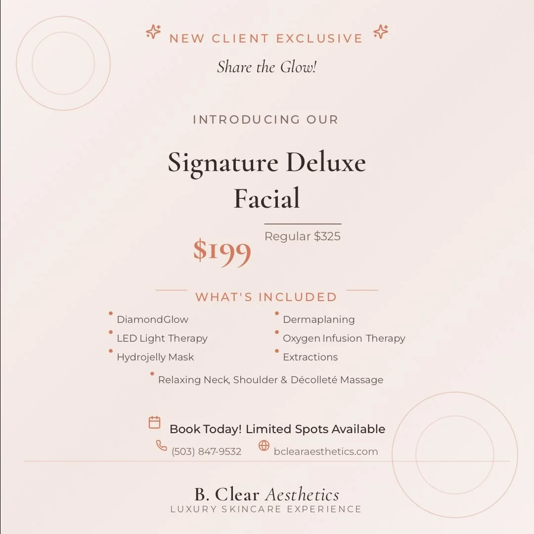✨ Your Glow Journey Starts Here ✨
Swipe through to discover your path to radiant skin &rarr;
1️⃣ New Here? Get $126 off your first facial &mdash; because everyone deserves to glow
2️⃣ Ready to Indulge? Our Signature Deluxe Facial ($199, reg. $325) wi