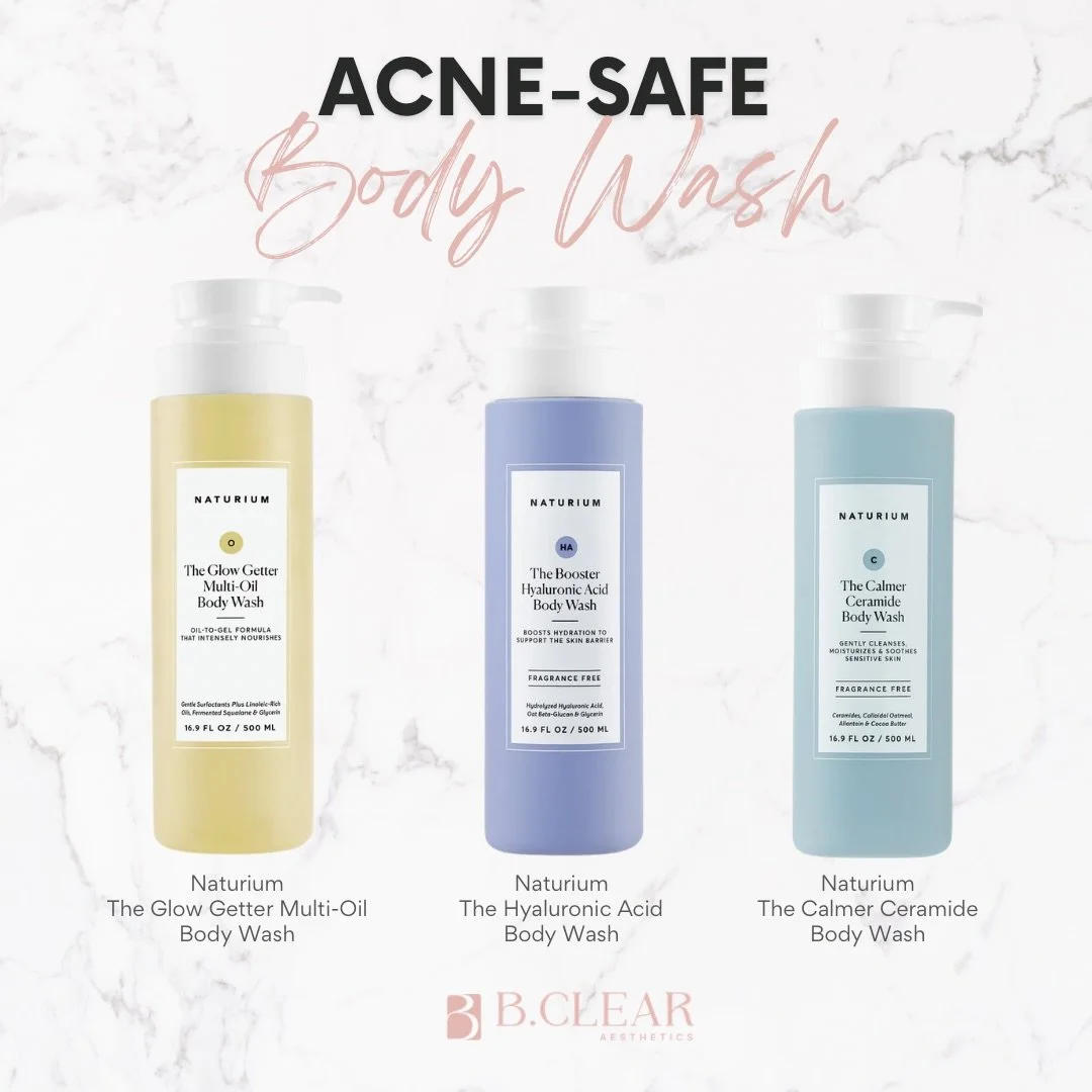 Our list of Acne Safe Body Wash 🫧 

In addition to these safe Face Reality body products:
&bull; L-Mandelic Face &amp; Body Wash
&bull; L-Mandelic Face &amp; Body Scrub 
&bull; Acne Face &amp; Body Scrub 
&bull; Acne Face &amp; Body Wash
(Face Reali