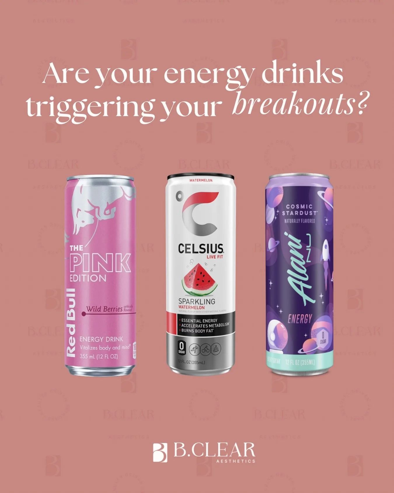 Energy drinks give a quick boost, but the ingredients inside can impact acne-prone skin ❌

What&rsquo;s commonly inside:
&bull; High Sugar Content &ndash; Spikes insulin and triggers inflammation, this can lead to increased oil production and clogged