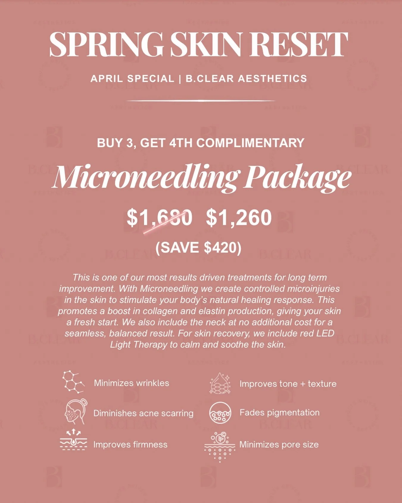 If you&rsquo;re noticing acne scars, uneven texture, or lingering pigmentation, microneedling is one of the most effective ways to rebuild and refine your skin from within.

Our April Special makes it easier to commit to real results:
-Buy 3, get you