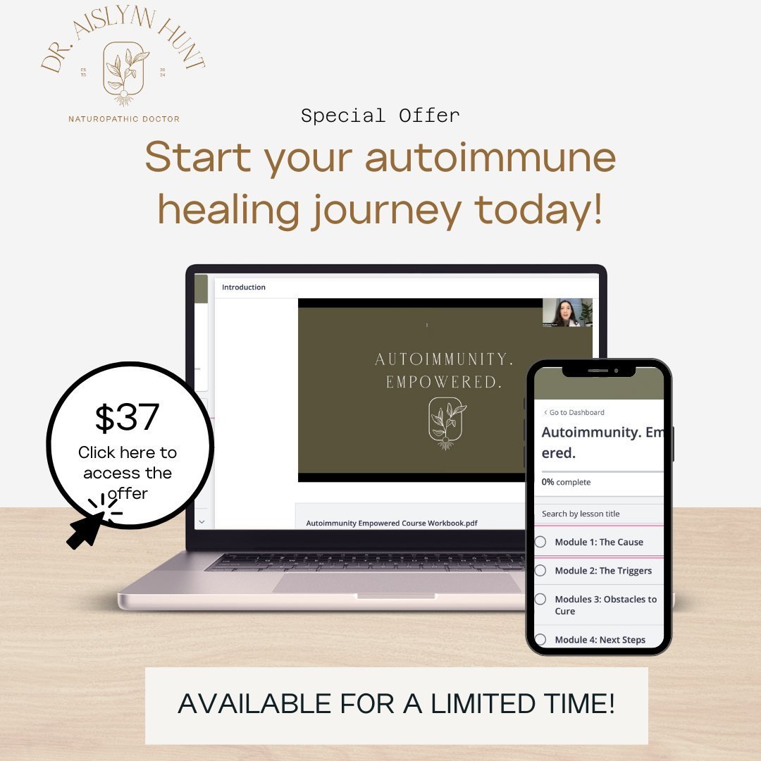 In celebration of Naturopathic Medicine Week 2024, I'm offering 75% off (!!!) Autoimmunity Empowered. That means that for $37, you can get started on your autoimmune healing journey today. ⁠
⁠
I'll share with you HOW autoimmunity begins, possible TRI