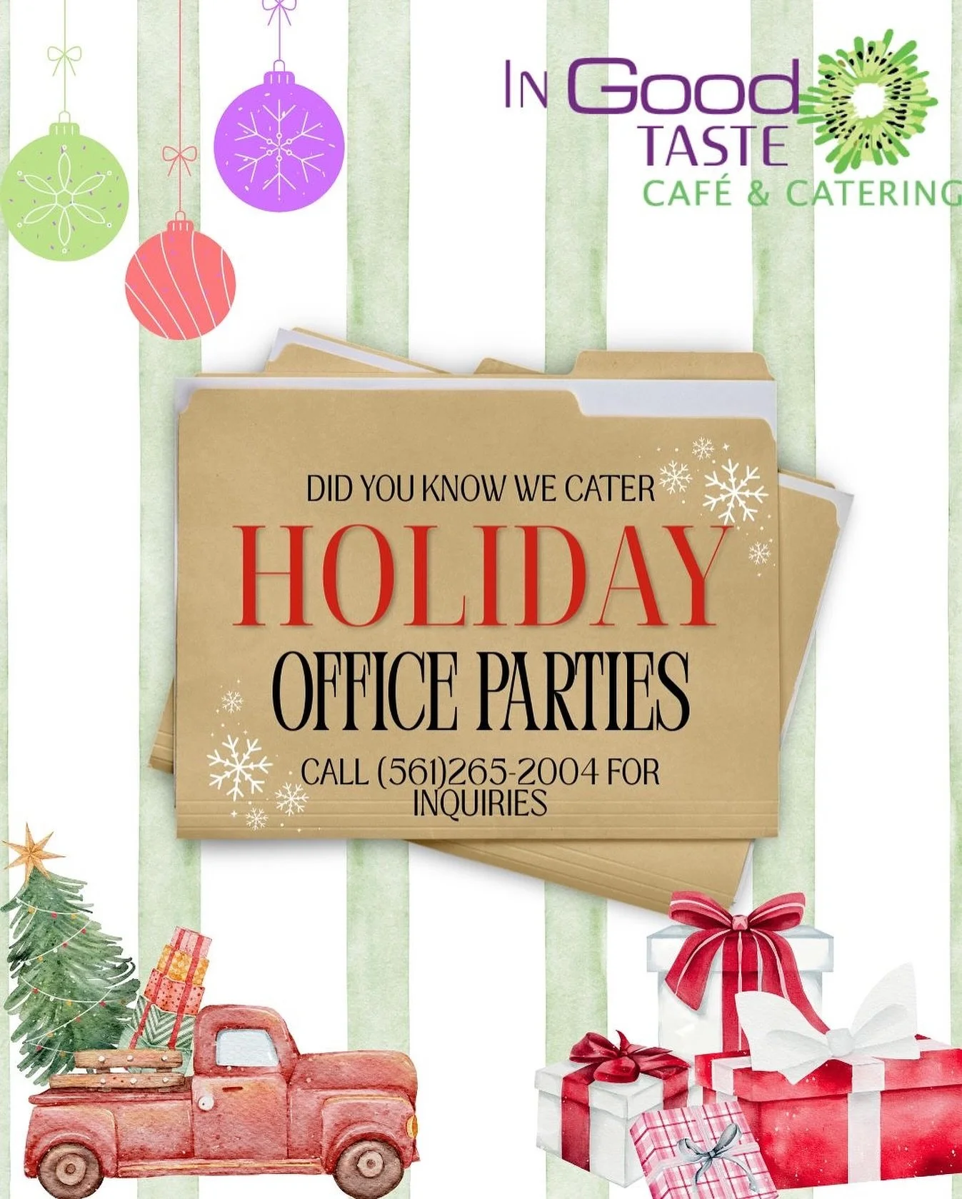 In Good Taste Café caters holidays office parties! The Holidays are only getting closer, our calendar is booking and now is the time to start planning your next office event! Call us at (561)265-2004, we can’t wait to start working with