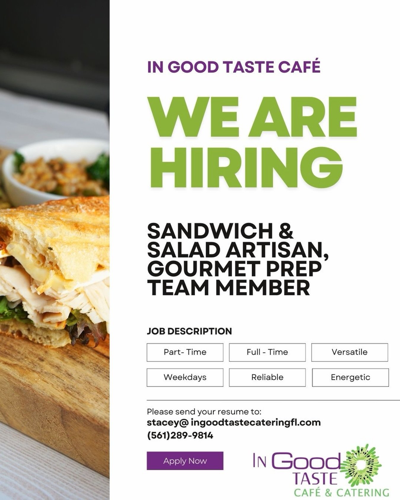 In Good Taste is Hiring!! We want to hear from you!! 

✉️Send resumes to stacey@ingoodtastecateringfl.com
✉️Call us at (561) 289-9814 for more information

#hiring #delraybeach #cafe #local