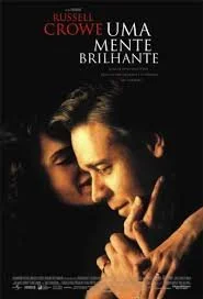 Capa do filme 'Uma Mente Brilhante' com imagens de Russell Crowe e Jennifer Connelly em close, fundo preto, título em branco e vermelho.