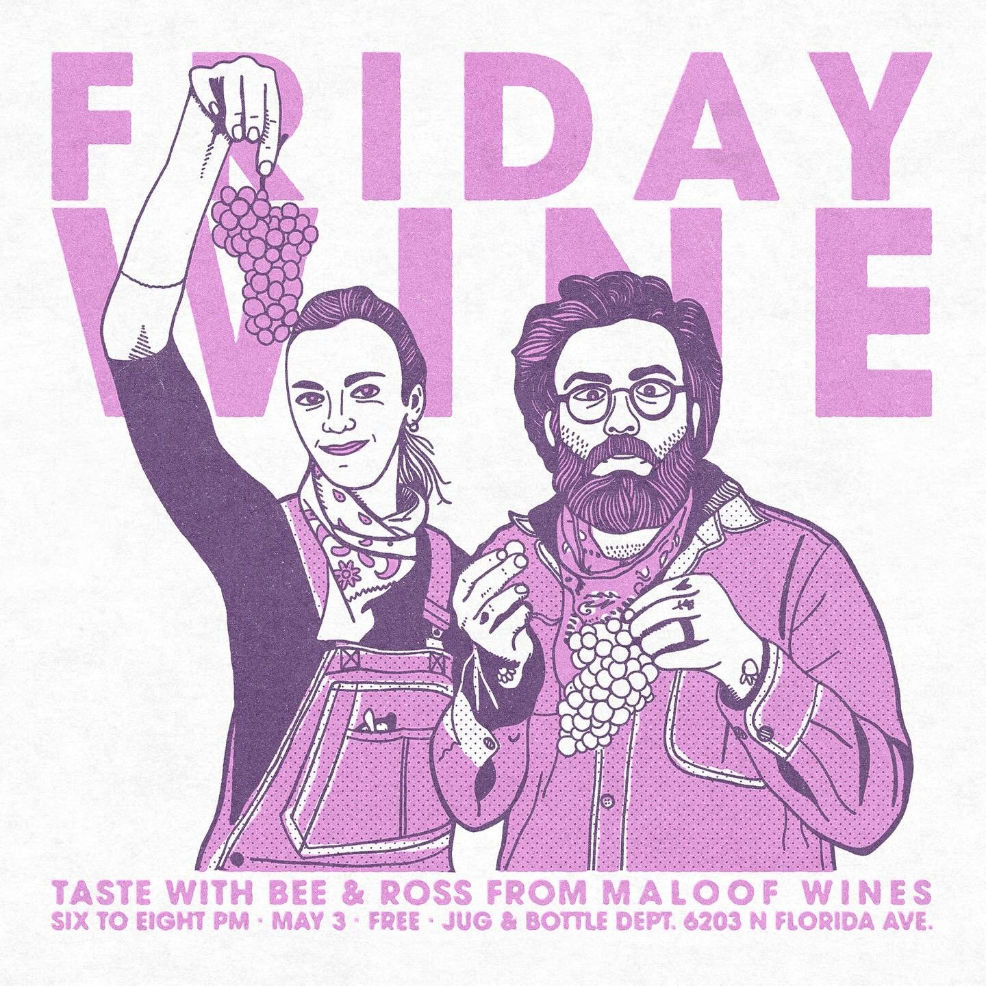 This #fridaywine promises to be a special treat. We&rsquo;ve got Ross &amp; Bee Maloof, the vintners behind @maloofwines in the Jug for the evening.

We&rsquo;ll have their current vintages up for taste and sale. So stop on by and get ya a taste. 

a