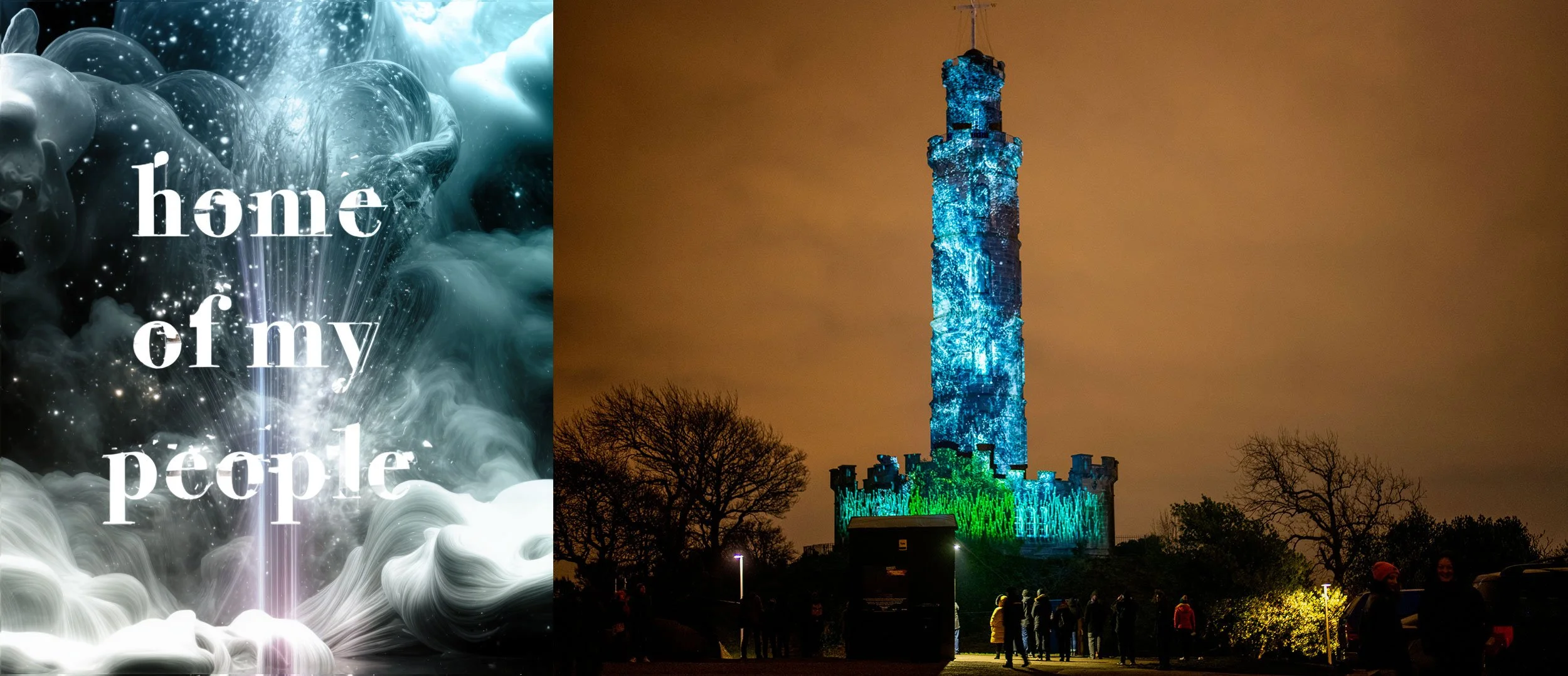 A nighttime scene of a tall castle-like tower illuminated with blue and green lights, with people gathered at its base. On the left side, an overlay with a cosmic background and white clouds displays the text 'home of my people'.