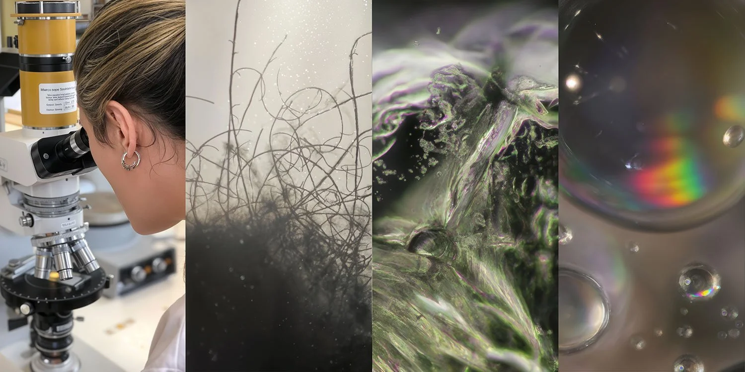 A woman using a microscope, close-up of tangled hair or fibers, a macro shot of a plant or algae, and bubbles in a liquid capturing rainbow reflections.