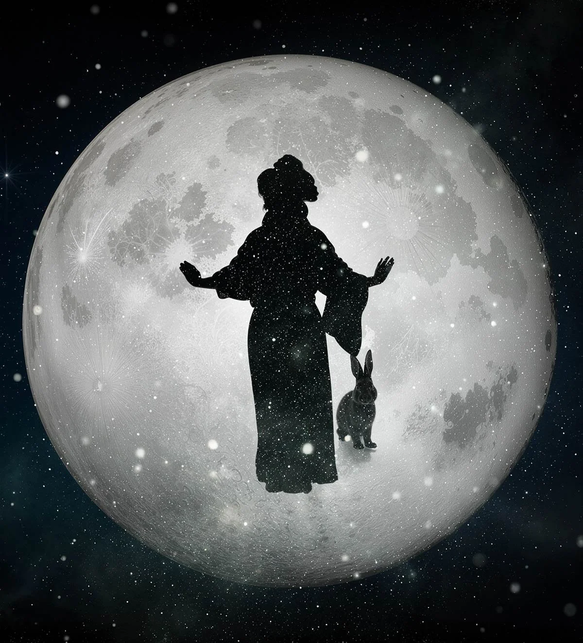 Animated Chinese spirit descending from the moon, 3D character design for Strange Tales immersive theatre projection at Traverse Theatre Edinburgh