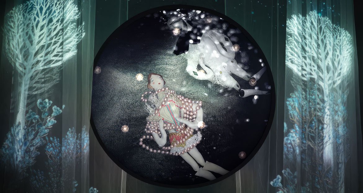 Bragi, the melancholy clown, floats downward with Precious in a stop-motion animated scene.