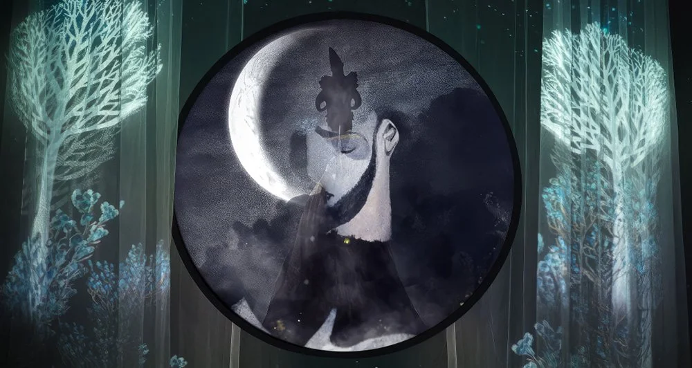 An art installation featuring a portrait of a man with a beard and a star-shaped earring, set against a moonlit night with a full moon and clouds, surrounded by glowing trees and plants.