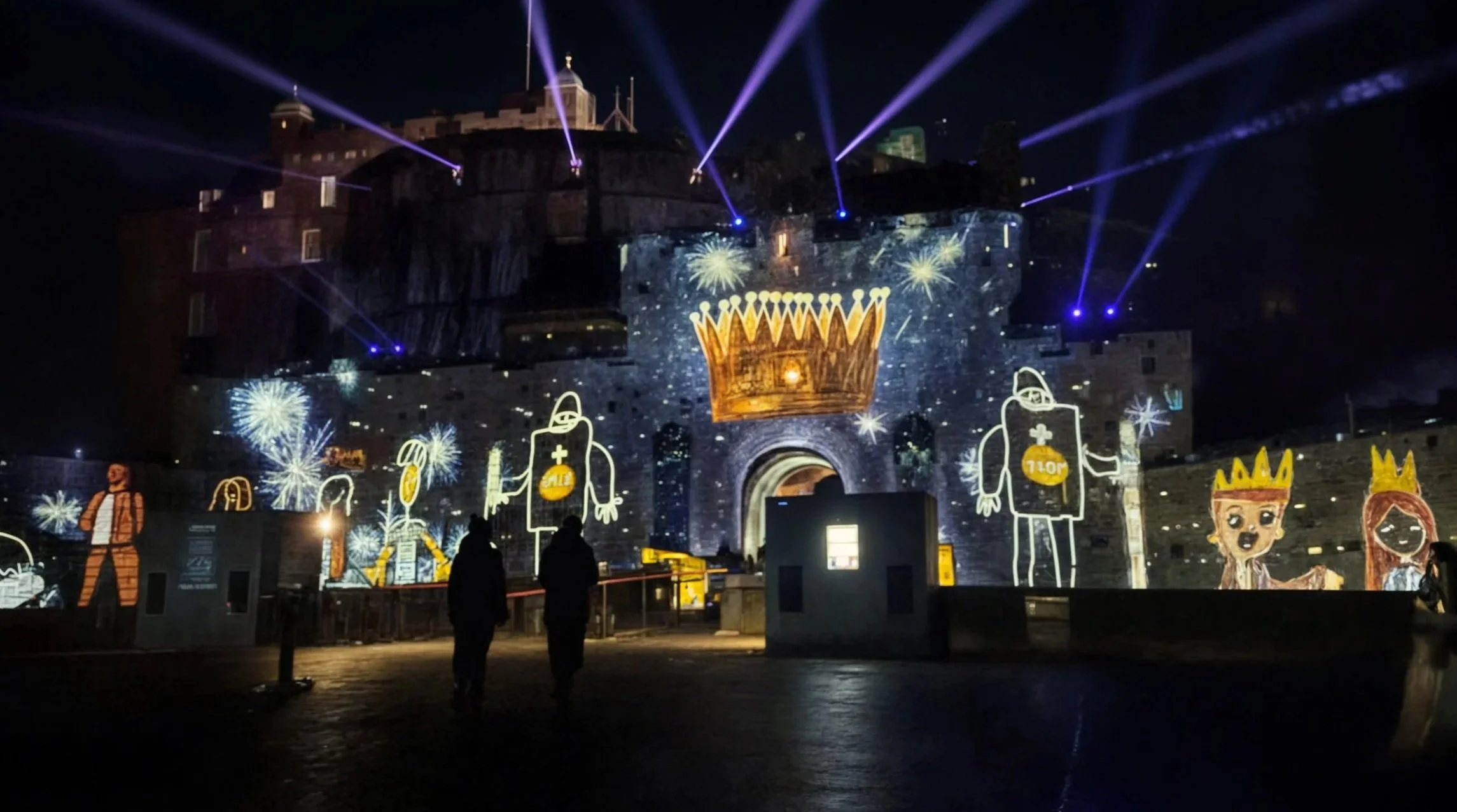 Nighttime scene of a historic fortress with colorful light projections, including a large gold crown, cartoon characters with crowns, fireworks, and abstract designs, with silhouetted people watching.