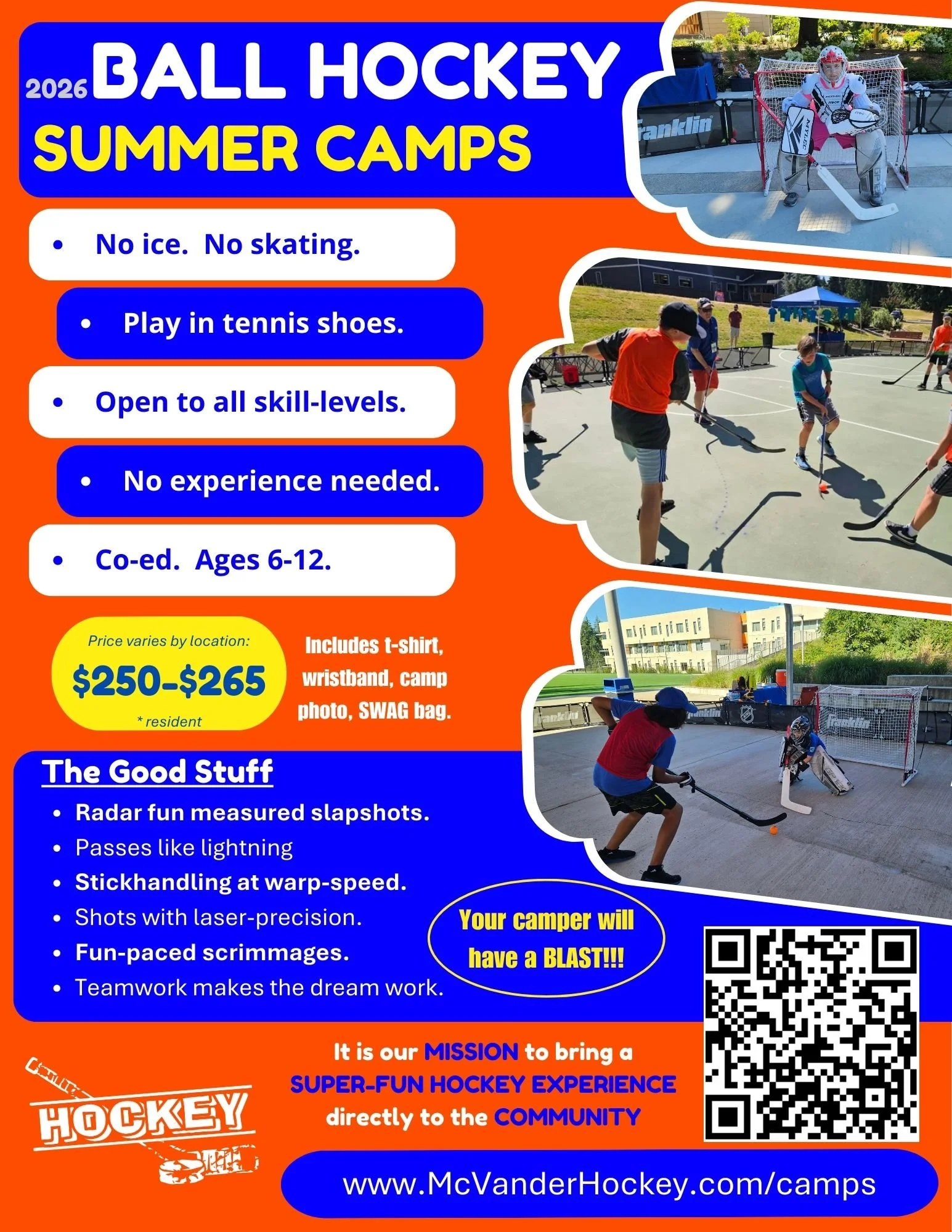 Poster advertising 2026 summer hockey camps with images of children playing hockey on an outdoor rink and a goalie in action, with information about camp rules, pricing, and activities.