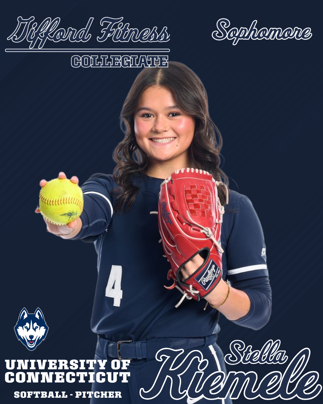 A young woman in a Connecticut softball uniform holding a yellow softball. She is smiling and wearing a red softball glove. The background is dark blue with white text including her name, Stella Kiemele, and her university, University of Connecticut.