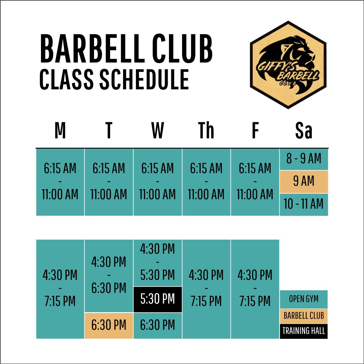 Schedule for Giffy's Barbell Club featuring class times Monday through Saturday, with morning classes from 6:15 AM to 11 AM, afternoon classes from 4:30 PM to 7:15 PM, and a Saturday morning class 8-9 AM. Color-coded keys indicate gym open hours, barbell club sessions, and training hall hours.
