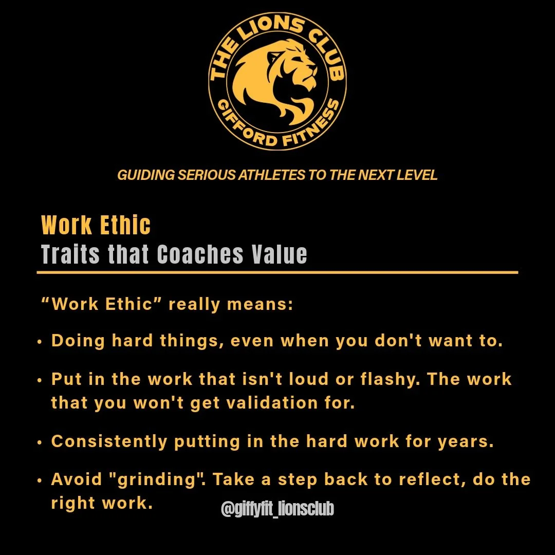 - Traits that Coaches Value - 

👉 Work Ethic

We all hear about it, coaches talk about it - but what really is work ethic?

Most high school athletes think work ethic is the grind that can be observed.

We define work ethic as the habits, discipline