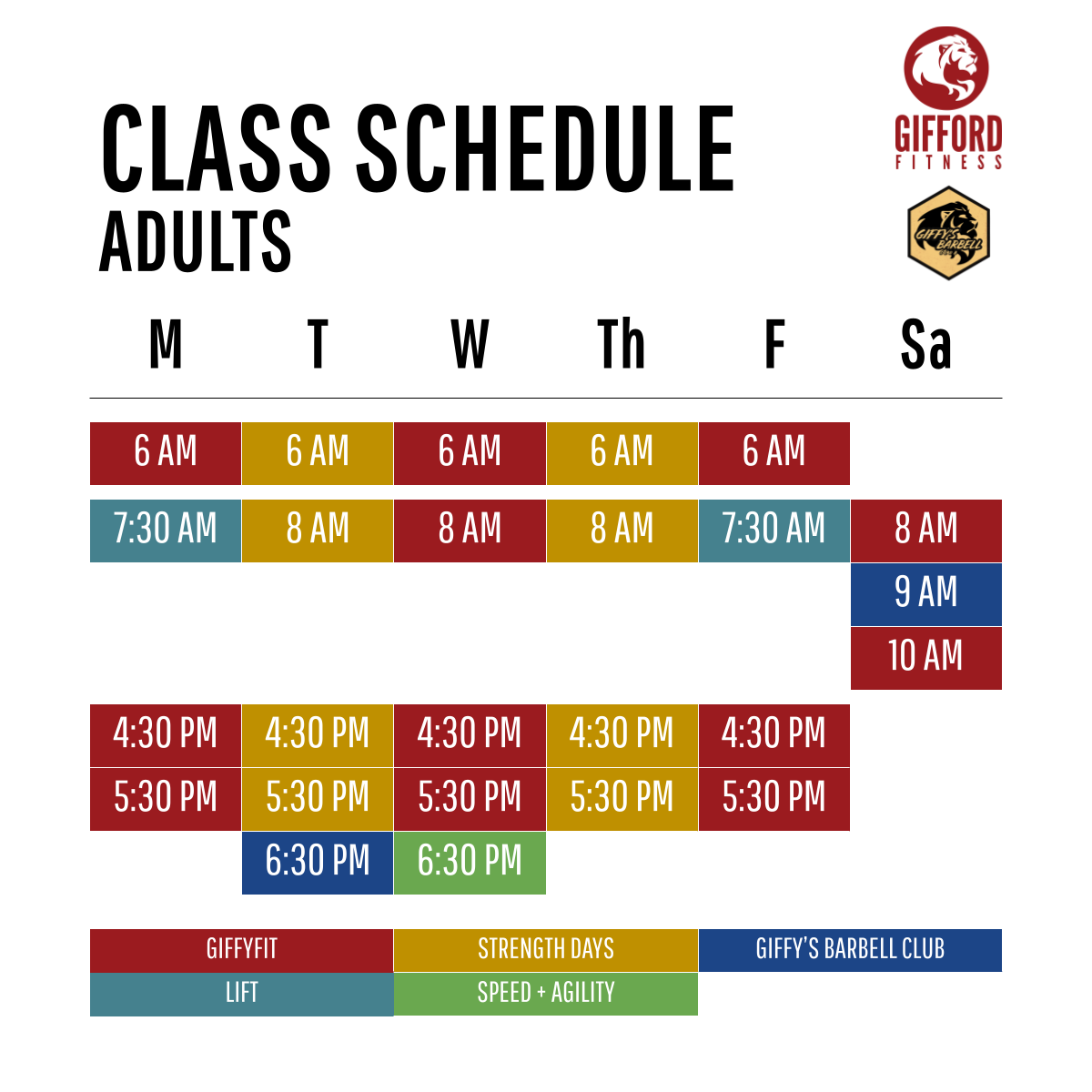 Class schedule for adults at Gifford Fitness, including times for Giffy's Fit, Strength Days, Lift, and Giffy's Barbell Club from Monday to Saturday.