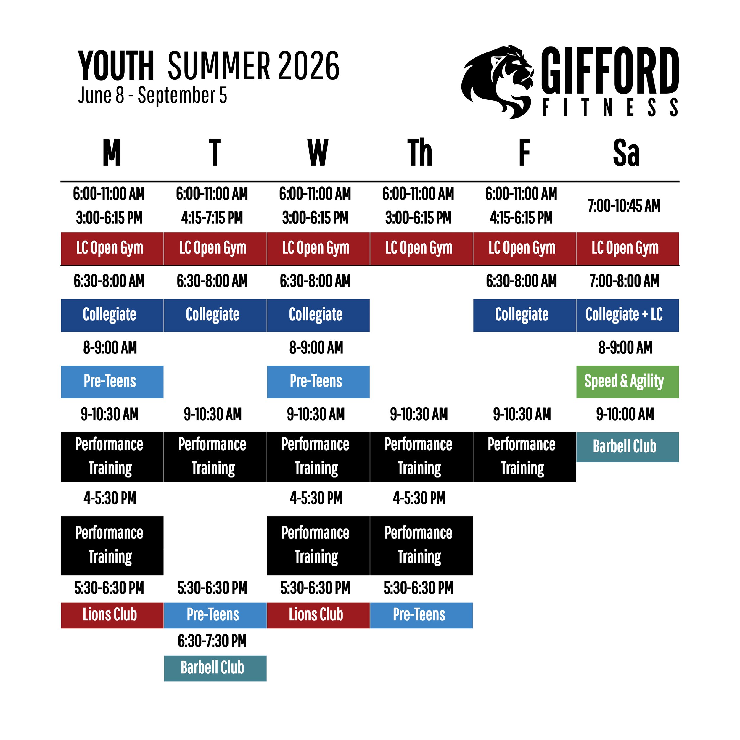 Gifford Fitness summer 2026 schedule with class times from June 8 to September 5, including gym hours, training, and club classes, organized by weekdays, with color-coded categories.