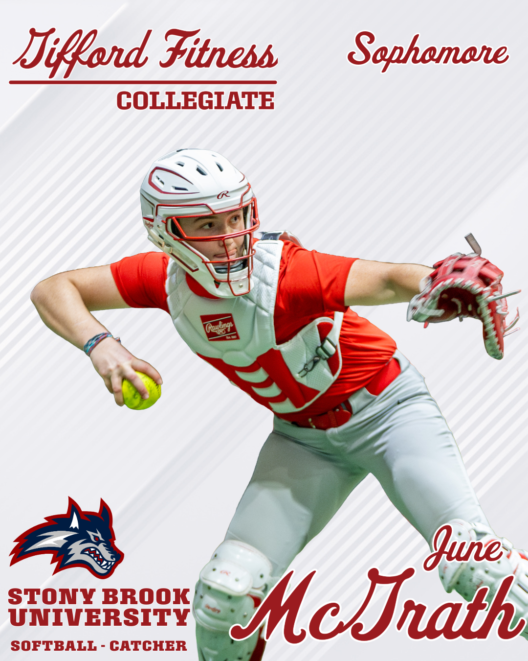 A female softball player in a red uniform and white protective gear fields a ball with her glove and prepares to throw or catch, on a promotional poster for Stony Brook University softball team in June.