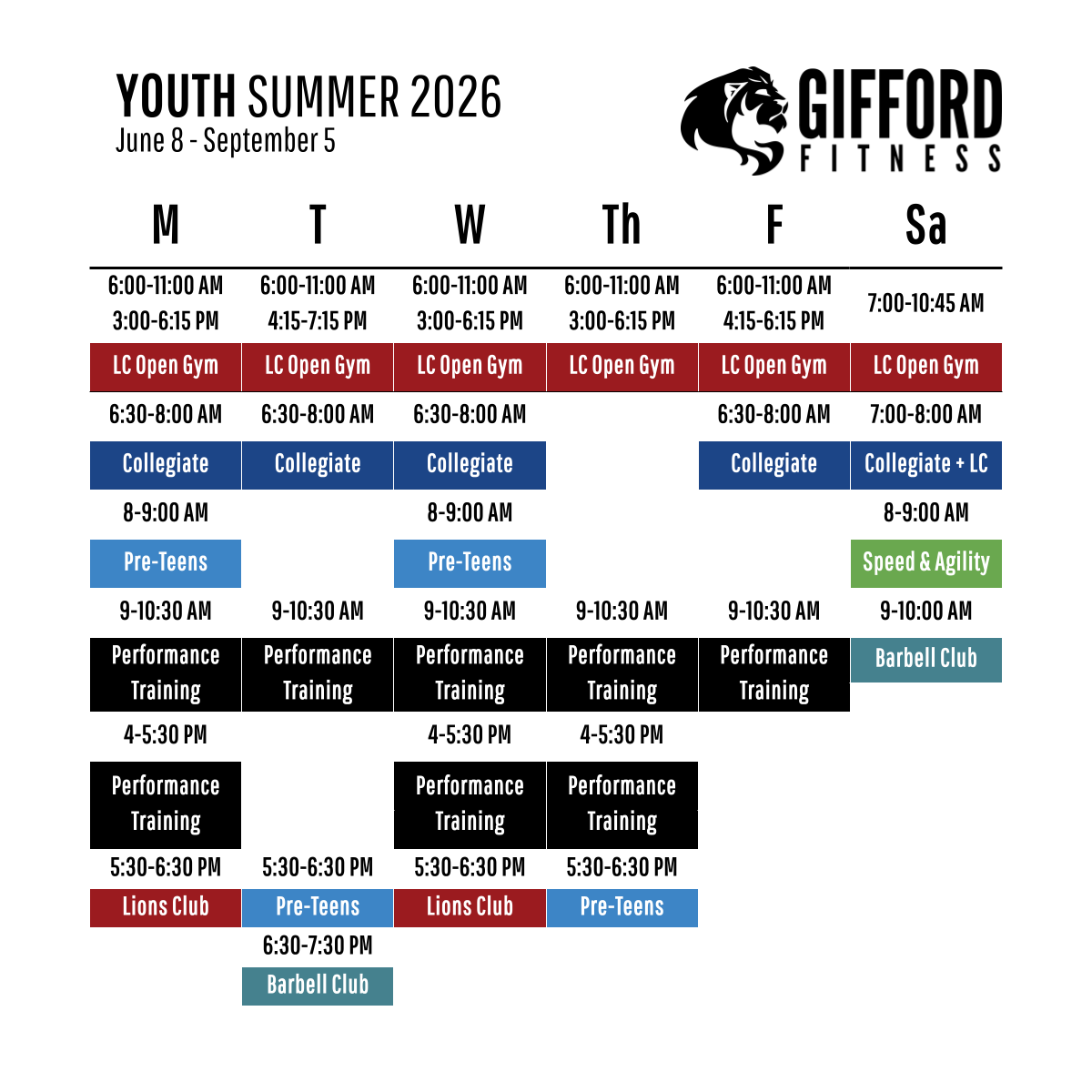 Schedule for Gifford Fitness Youth Summer 2026 with class times from June 8 to September 5, including gym hours, classes like Collegiate, Pre-Teens, Performance Training, Speed & Agility, Barbell Club, Lions Club, and a logo featuring a lion's head.
