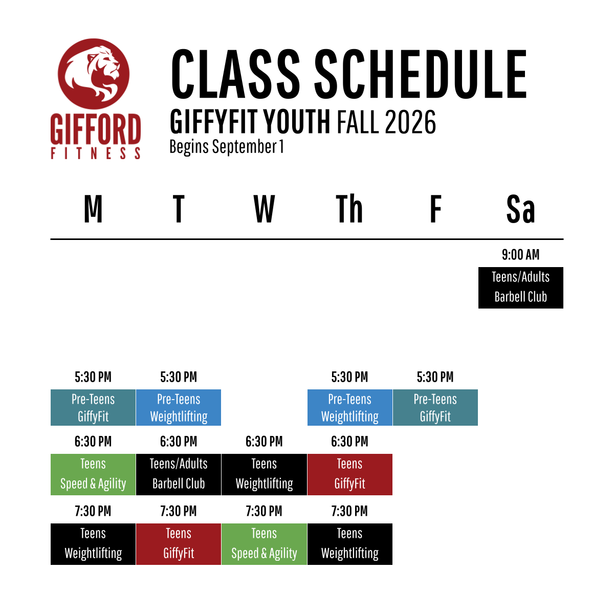 GiffyFit Youth Fall Schedule Graphic