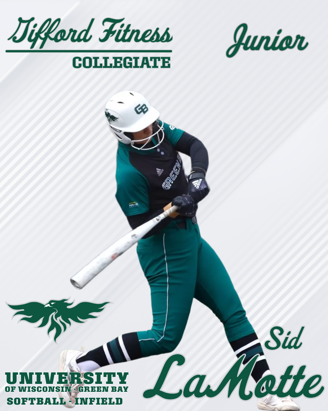 Athletic woman in green and black softball uniform swinging a bat, wearing a white helmet, against a white background with green text and logo for University of Wisconsin-Green Bay softball team.