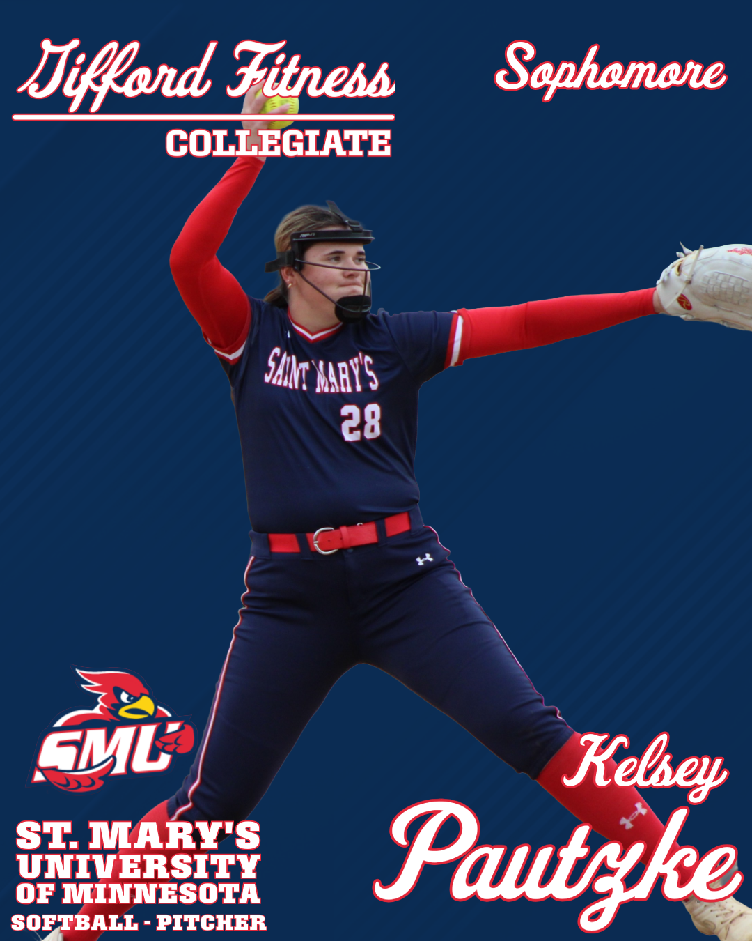 A female softball player in a navy and red uniform pitching during a game. The background is dark blue with text indicating she is a collegiate amateur player from Saint Mary's University of Minnesota, specializing in softball as a pitcher. The playe