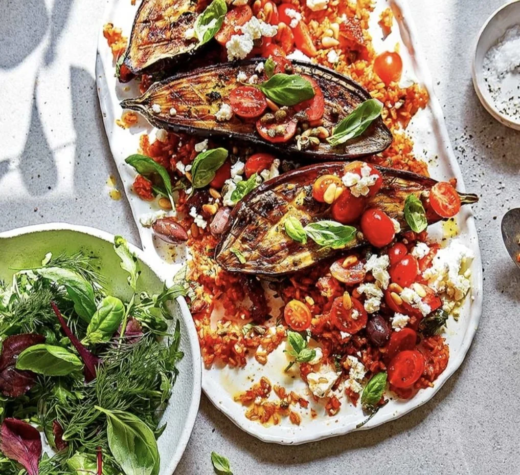 Roast aubergines with tomato rice & feta