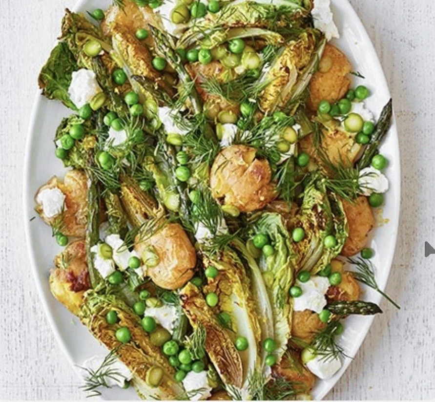 Roasted asparagus & smashed new potato salad