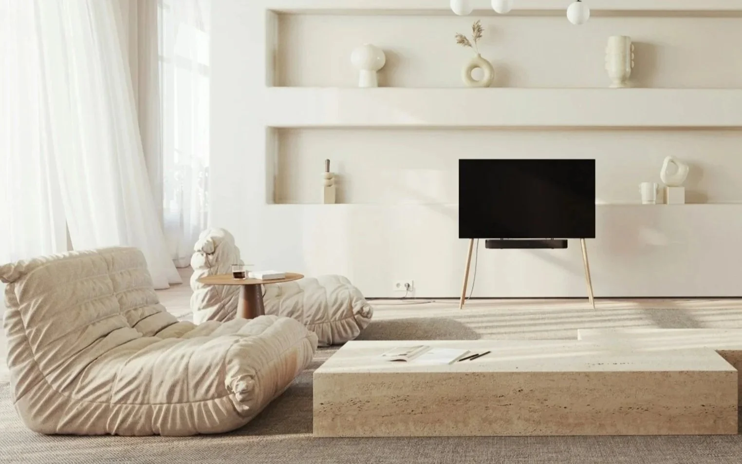 Minimal living room with natural light and neutral tones