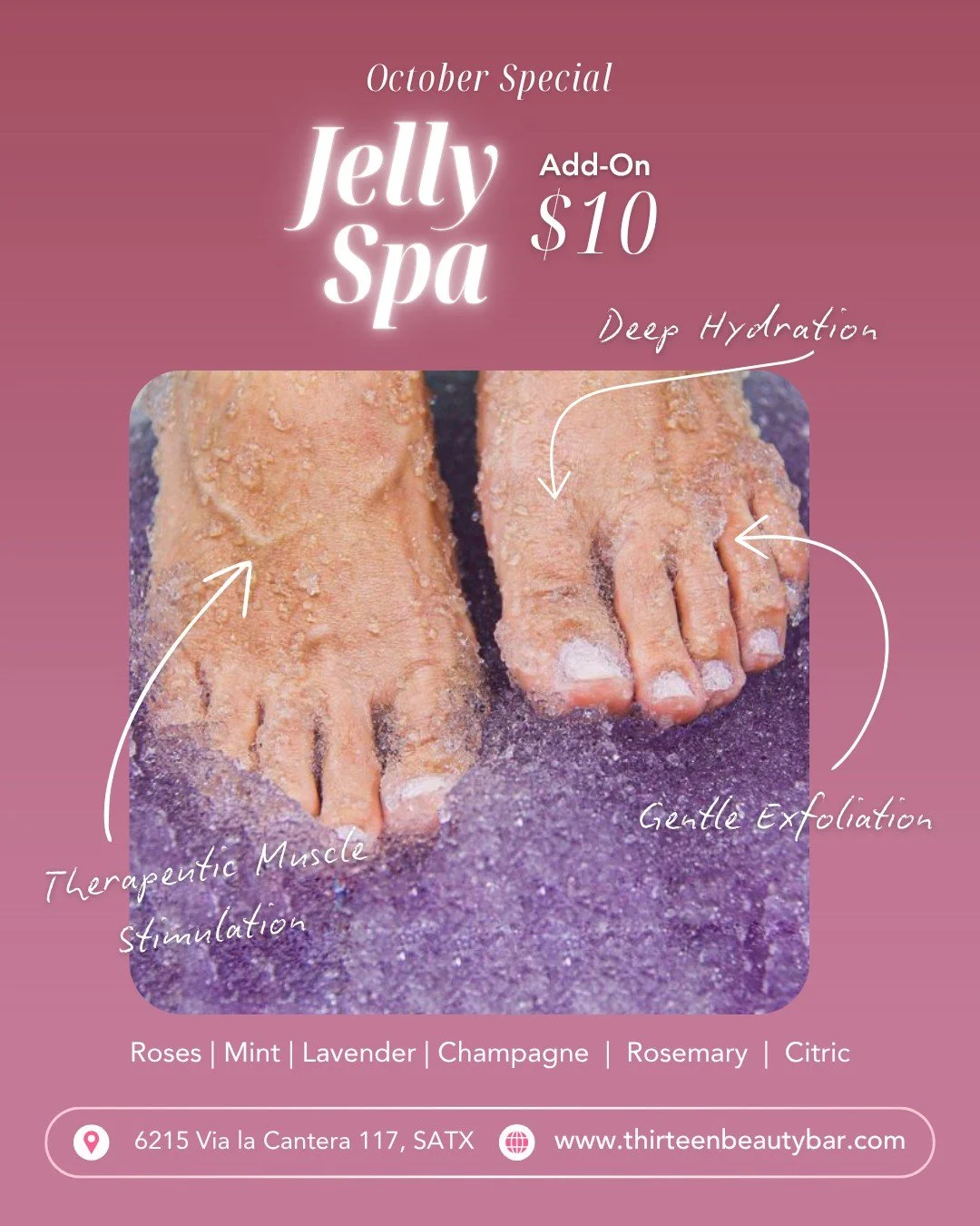 ✨ October treat alert ✨
All month long, you can add our Jelly Spa for extra care to any service for just $10 💖

Relaxing Jelly soak for deep hydration and gentle exfoliation. Perfect add-on for your next pedi or mani!

📍La Cantera &ndash; Thirteen 