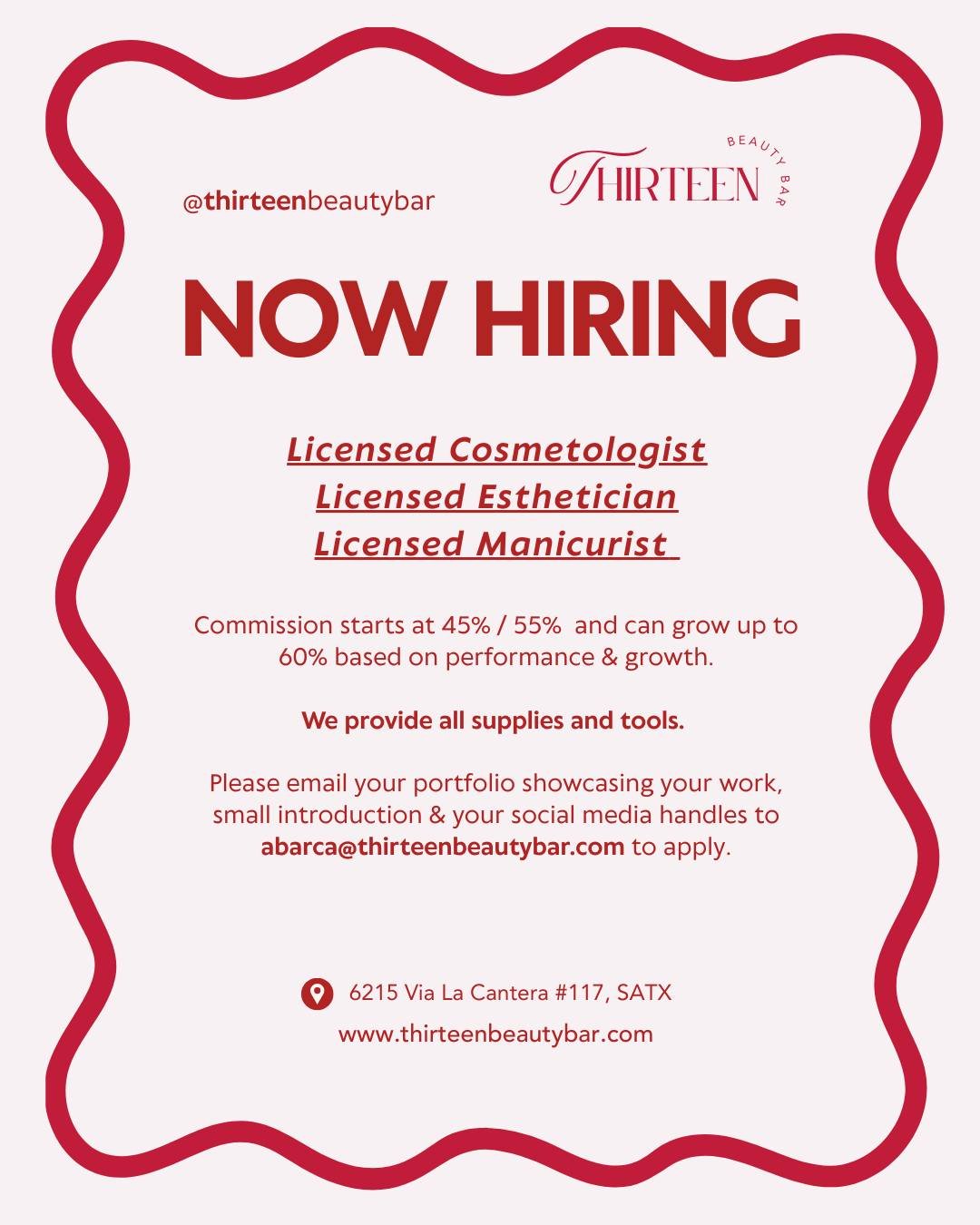 ✨ We&rsquo;re hiring! ✨
Thirteen Beauty Bar is looking for licensed cosmetologists, estheticians &amp; manicurists to join our team 💅

✔️ Commission-based (starting at 45%)
✔️ All supplies &amp; tools provided
✔️ Located at La Cantera, in San Antoni