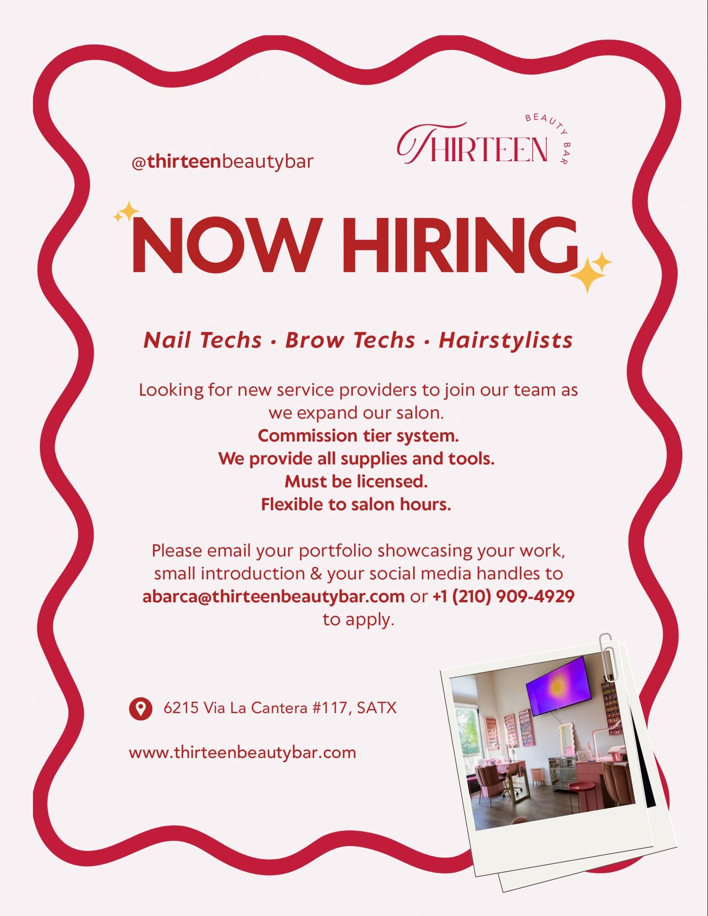 ✨ We&rsquo;re hiring! ✨
Thirteen Beauty Bar is looking for licensed cosmetologists, estheticians &amp; manicurists to join our team 💅

✔️ All supplies &amp; tools provided
✔️ Located at La Cantera, San Antonio

📧 Send your portfolio, a short intro 