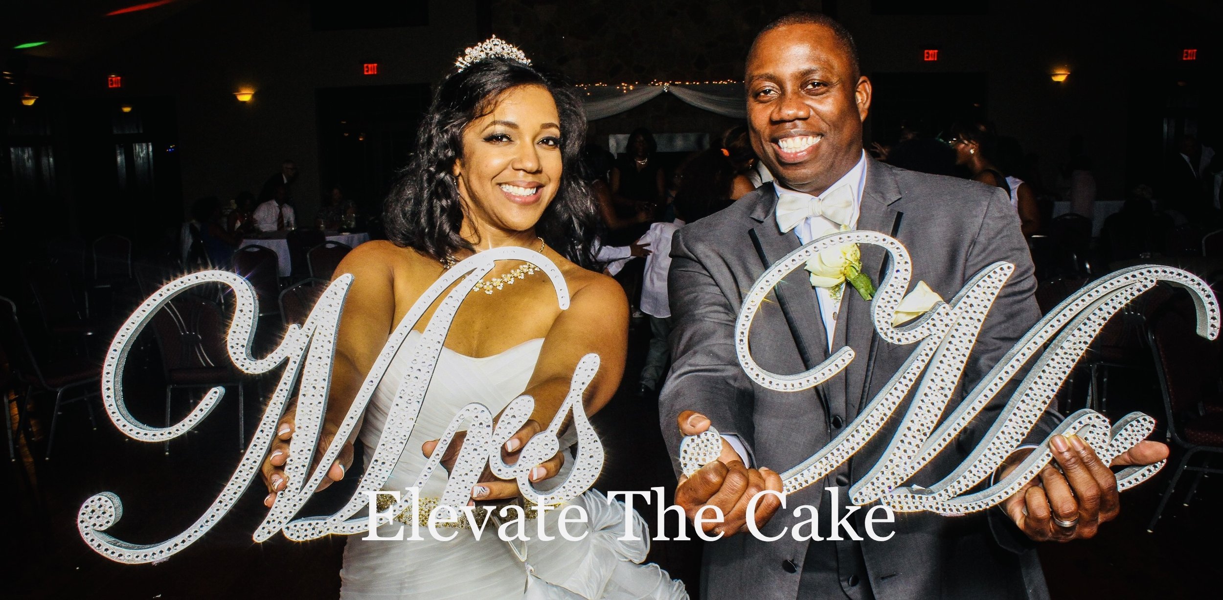 Custom oversized Bling Bedazzled Silver Rhinestone Mr. & Mrs. table display sign.  Also available in Gold by Elevate The Cake, LLC