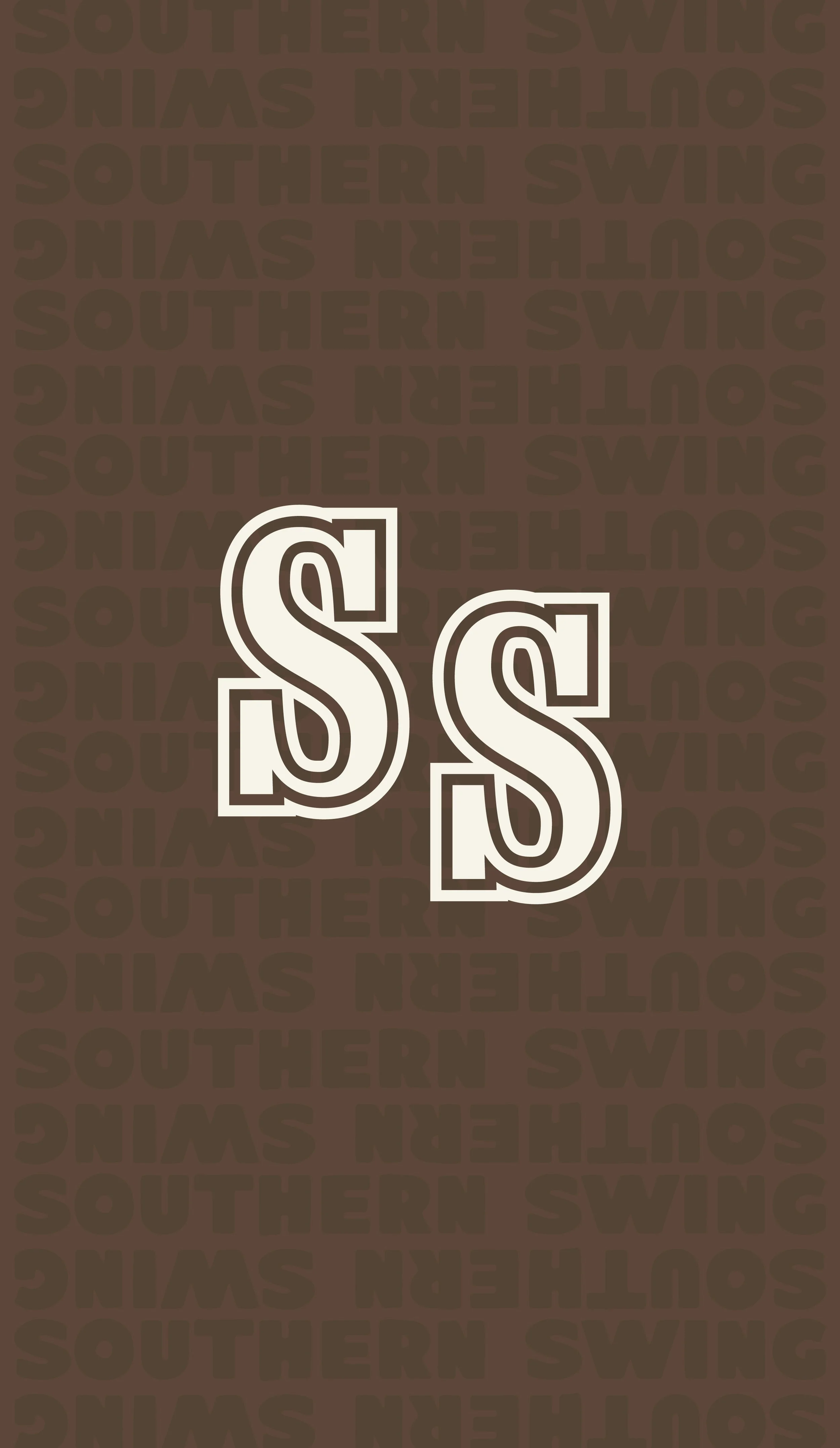 Design with beige letters 'S S' on a dark brown background, with 'SOUTHERN SWING' text repeated in the background.