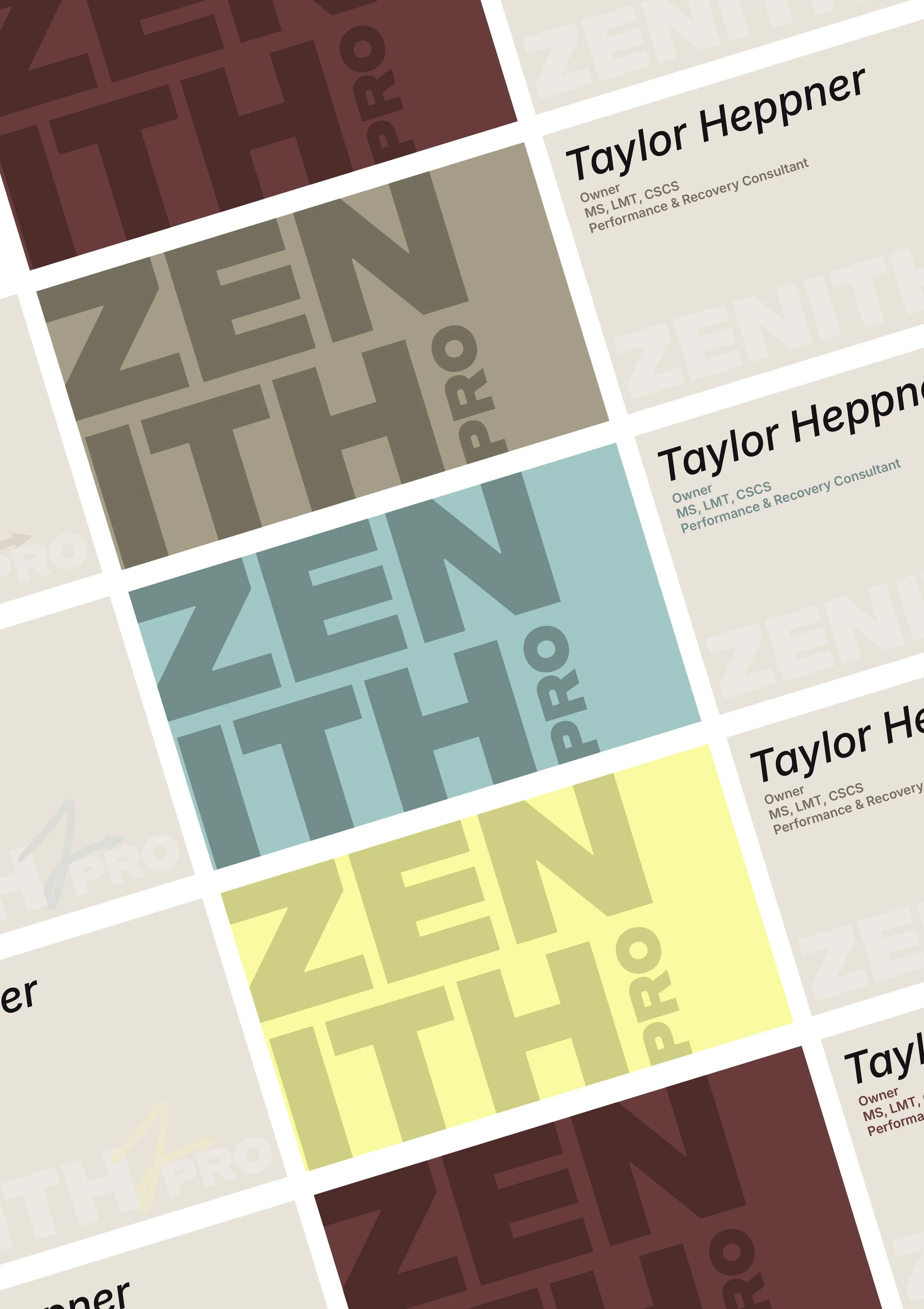 mock up of zenith pro business cards in branded color palette