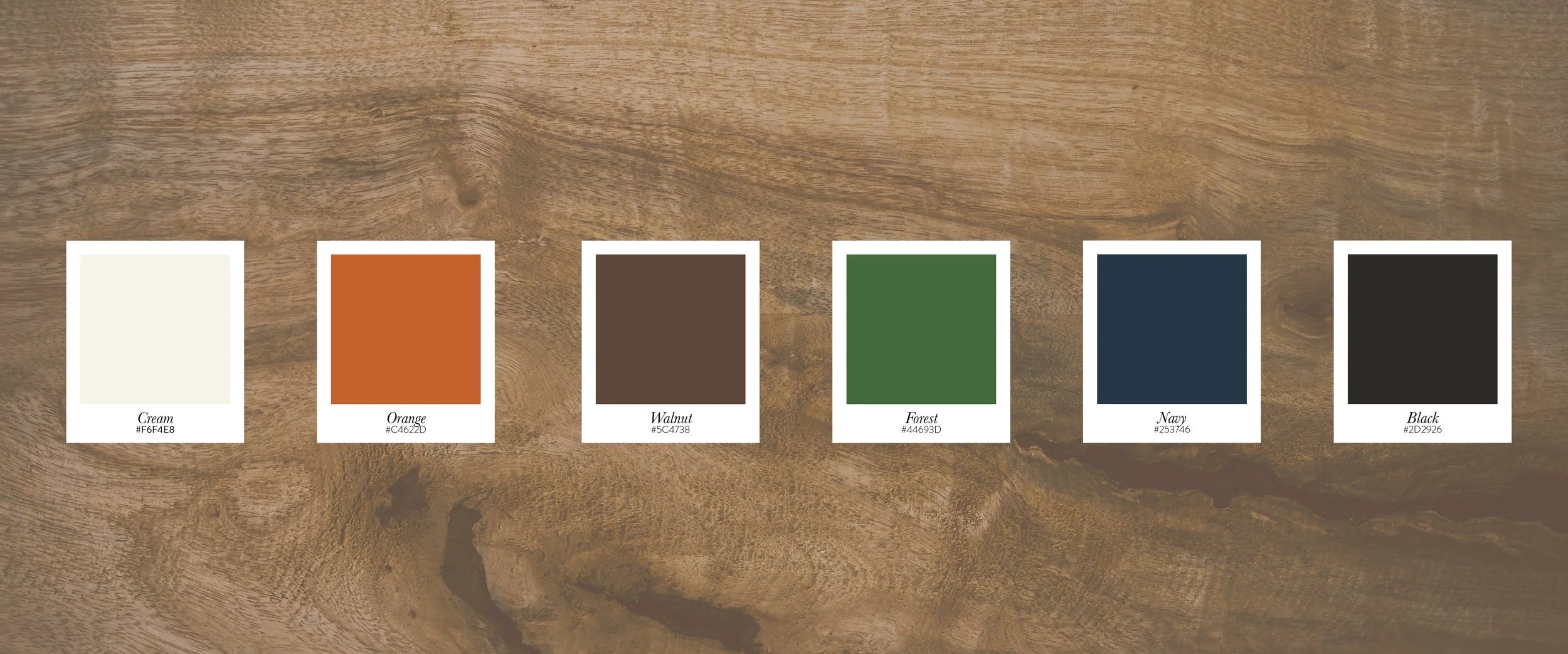 Color swatches with names and hex codes, including Cream, Orange, Walnut, Forest, Navy, and Black, displayed on a wooden surface.