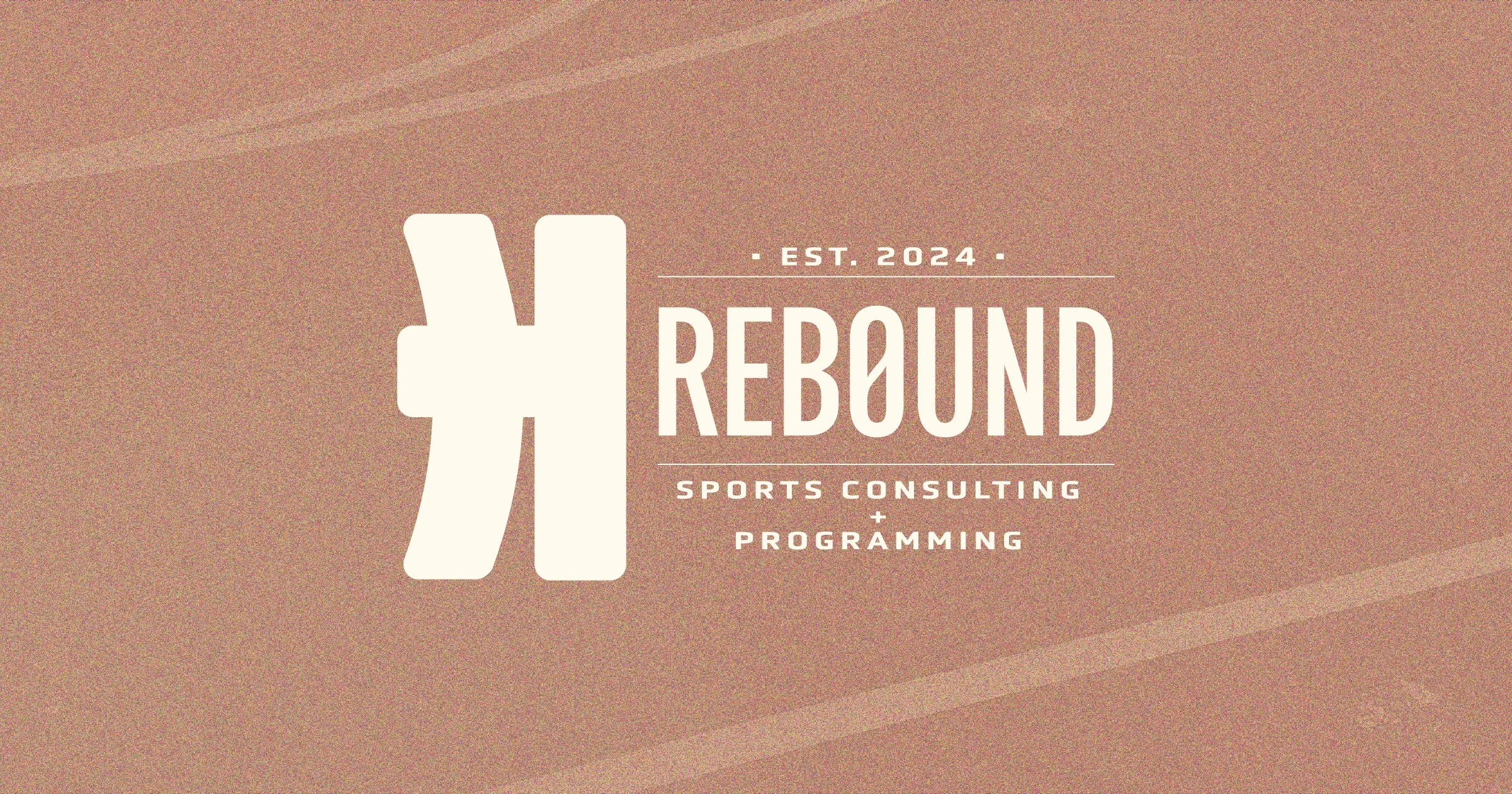 Logo with a basketball line graphic and 'REBOUND' in large letters; text indicating establishment in 2024; And mentions sports consulting and programming.
