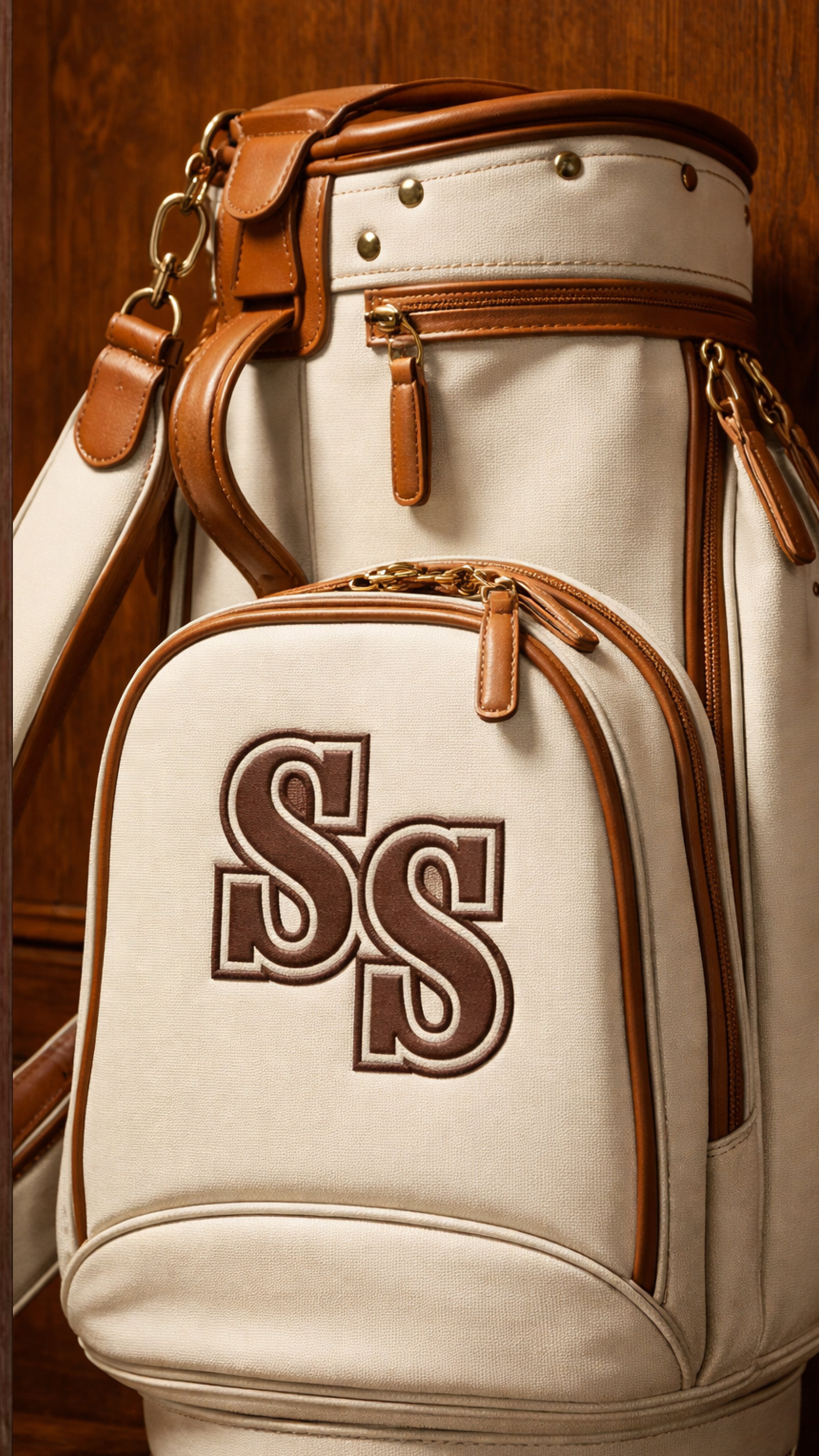 mock up of southern swing SS icon embroidered onto leather and cream golf bag