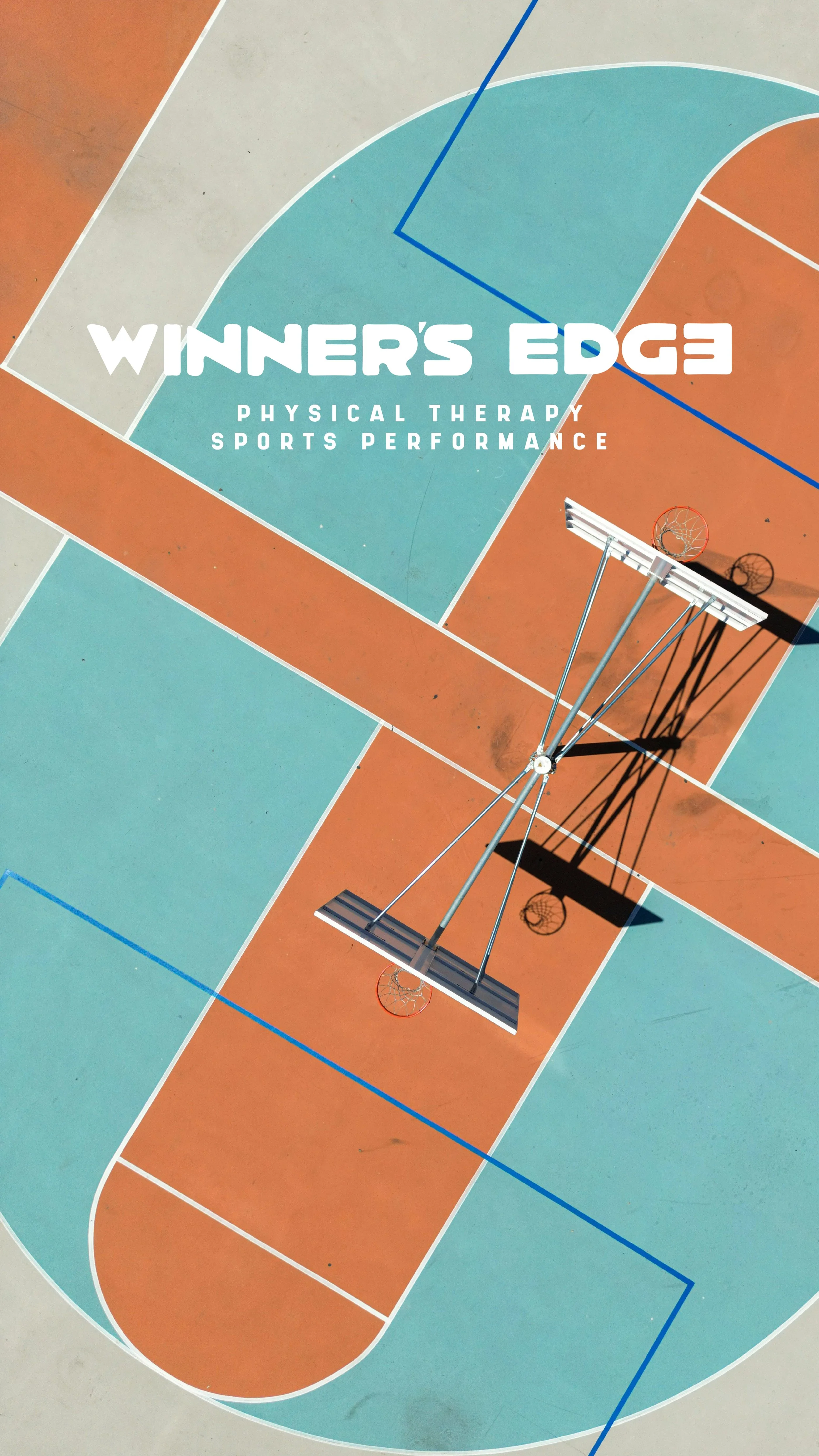 winner's edge primary logo on top of an aerial photo of blue and orange basketball courts